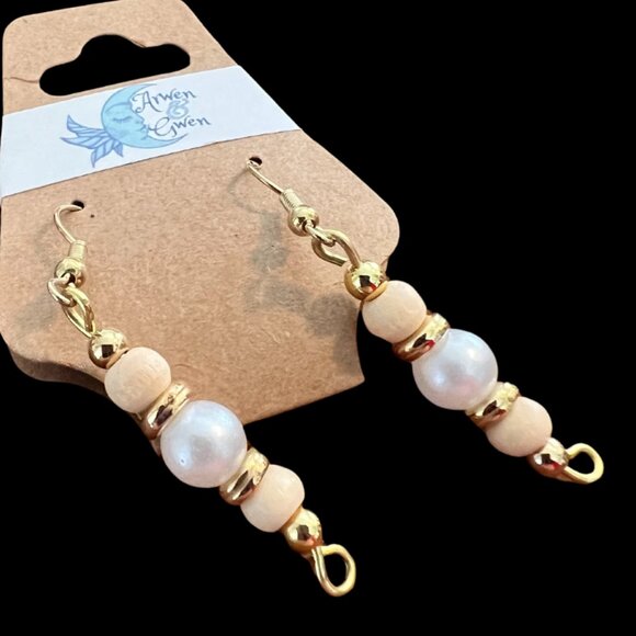 Arwen and Gwen Dangly Drop Earrings, Faux Pearl and Wood Beads, Gold Accents - Picture 1 of 2